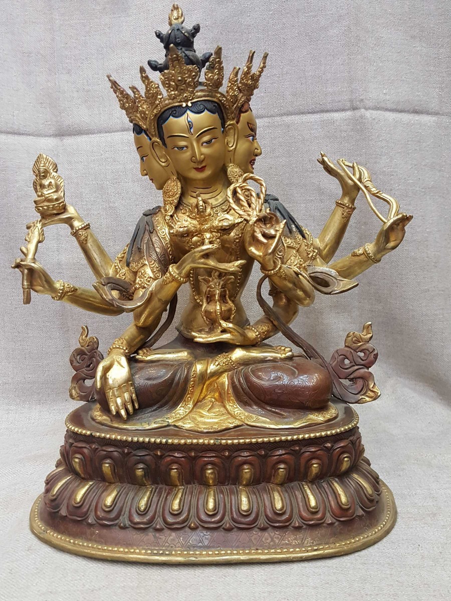 多腕の金属製神像Gold Plated Namgyal Statue Old Stock* Statue of Namgyalma Partly Gold Plated with Painted