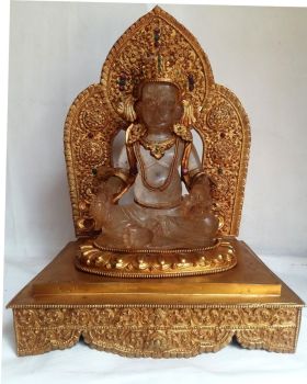 Crystal Yellow Jambhala with Fire Gold Plated Metal Background and Base