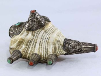  Unique Tibetan Traditional Conch Shell Will Silver Plate Carving and Embabed Stones
