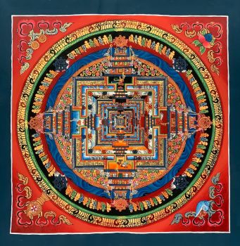 GENUINE HAND-PAINTED KALACHAKRA MANDALA -THE WHEEL OF LIFE CIRCLE ORIGINAL- TIBETAN THANGKA PAINTING 