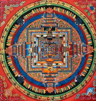 GENUINE HAND-PAINTED KALACHAKRA MANDALA -THE WHEEL OF LIFE CIRCLE ORIGINAL- TIBETAN THANGKA PAINTING 