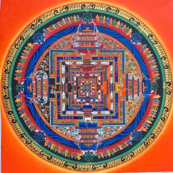 GENUINE HAND-PAINTED KALACHAKRA MANDALA -THE WHEEL OF LIFE CIRCLE ORIGINAL- TIBETAN THANGKA PAINTING 