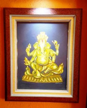 Wall hanging made from hard dye board and Nepali Lokta paper with lord Ganesh painting framing.