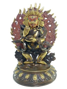  Old Stock , Tibetan Statue of Mahakala 2 arms Partly Gold Plated , and Painted Face