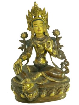Old Stock Statue of Green Tara, Partly Gold Plated , Painted Face, Last Piece