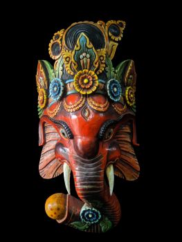 Handmade Wooden Mask Of Ganesh, Painted Red