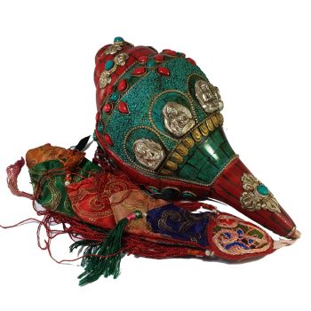 Conch Shell with Om Mani Padme hum , Stone and Metal Setting , With Pancha Buddha