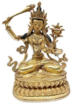 Nepali Statue Of Manjushree, Full Gold Plated
