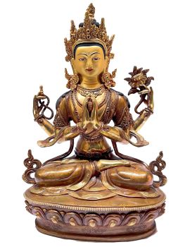 Nepali Statue Of Chenrezig, Partly Gold Plated, Painted Face 