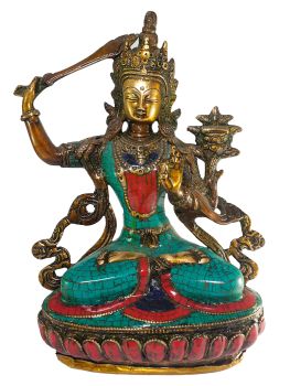 Statue of Manjushree with Real Stone Setting 