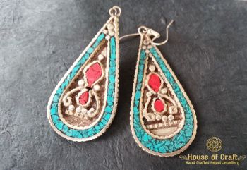 Hand-Made Light Weight White Metal Stone Filled Oval Earring