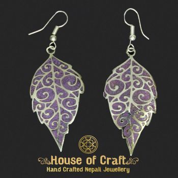 Light Weight Hand-Made White Metal Purple Lapis Stone Filled Floral Leaf Earring