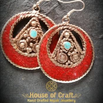 Hand-Made Light Weight White Metal Red Stone Filled Round Triangle Earring