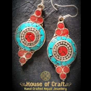 Hand-Made Light Weight Turquoise and Red Stone filled White Metal Round Mandala Earring