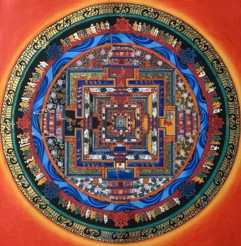 Hand-Painted Kalachakra Mandala Tibetan Thangka Art on Canvas 12 x 12 Inches