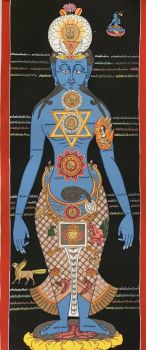 Hand-Painted 7 Chakra Healing Medical Thangka Art on Canvas, 13 x 35 Inches