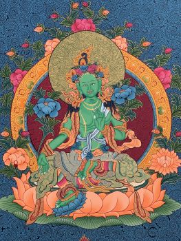 Hand-Painted Green Tara Thangka Painting  Finest Art on Canvas 17 x 22 Inches