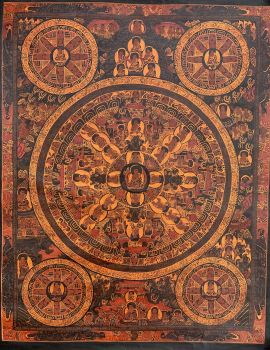 Hand-Painted Buddha Life Mandala Tibetan Thangka Art on Canvas, 17 x 21 Inches