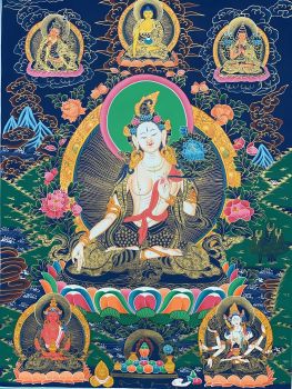 Hand-Painted White Tara Tibetan Thangka Fine Art Painting on Canvas, 23 x 31 Inches