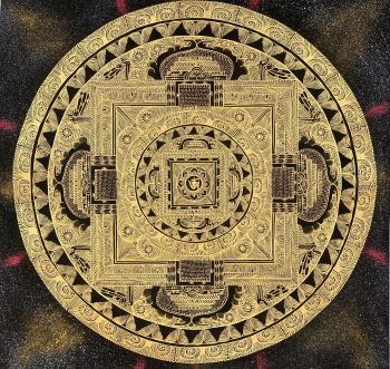 Hand-Painted Buddhist Om Mantra Mandala Thangka Painting, Art on Canvas, 21 x 21 Inches