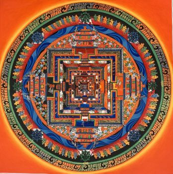 Hand-Painted Kalachakra Mandala Tibetan Thangka Art, Painting on Canvas 14 x 14 Inches