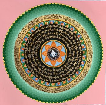 Hand-Painted Mantra Symbol Mandala Tibetan Thangka Painting, Art on Canvas, 12 x 12 Inches