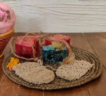 Natural and Handmade soap with natural fiber scrubber