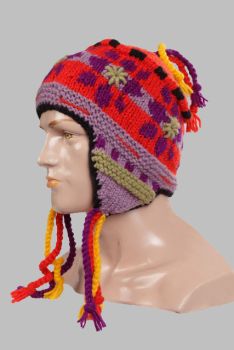 Hand-Knitted 100% Woolen Outside & Polyester Inside Multi-Colored Ear Flap