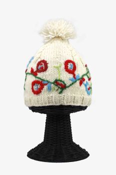 100% Pure Woolen Soft & Warm Women's White Beanie Hat with Flower Design
