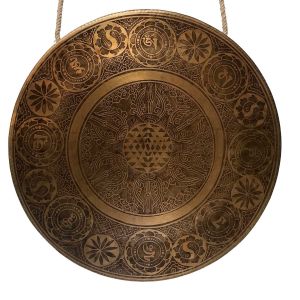 Nepali Gong , Hand Beaten, Bent Edge with Om Mane Padme Hum and Double Dorje