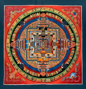 GENUINE HAND-PAINTED KALACHAKRA MANDALA -THE WHEEL OF LIFE CIRCLE ORIGINAL- TIBETAN THANGKA PAINTING 