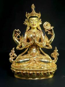 Statue of Chenrezig Full Gold Plated , Painted Face