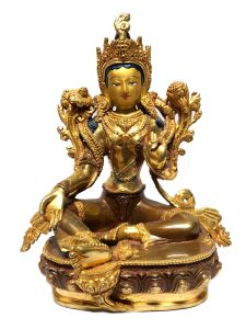 Monastery Quality Statue of Green Tara , Partly Gold Plated , Painted Face