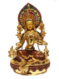  Monastery Quality Buddhist Statue of Green Tara Full Fire Gold plated , Painted Face 