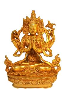 Nepali Small Statue Of Chenrezig , Full Gold Plated 