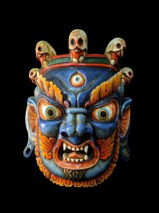 Handmade Wooden Mask Of Mahakala, Painted Blue