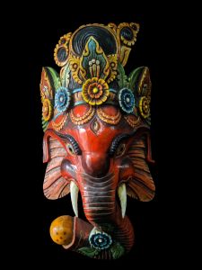 Handmade Wooden Mask Of Ganesh, Painted Red 