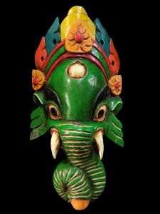Handmade Wooden Mask Of Ganesh, Painted Green 