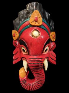 Handmade Wooden Mask Of Ganesh, Painted Red 