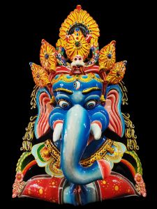Handmade Wooden Mask Of Namaste Ganesh, PaintedBlue
