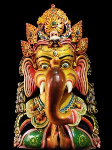 Handmade Wooden Mask Of Namaste Ganesh, Painted Yellow 