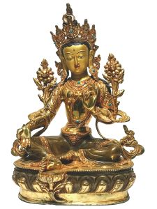  Monastery Quality Statue Of Green Tara, Partly Gold Plated , with Painted Face