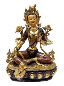 Nepali Statue Of Green Tara, Partly Gold Plated