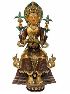 Nepali Statue Of Maitreya Buddha, Partly Gold Plated , Painted face