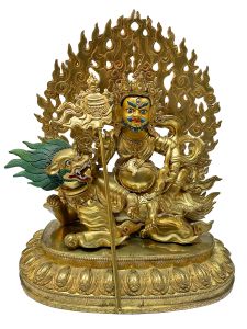 Nepali Statue Of Lion Jambala, Copper Gold Plated 