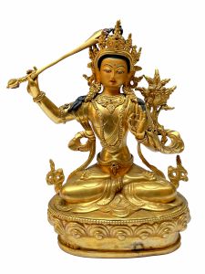 Nepali Statue Of Manjushree, Copper Gold Plated 
