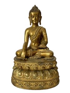 Nepali Statue Of Shakyamuni Buddha on Double lotus Base, Copper Gold Plated , Antique Finishing 