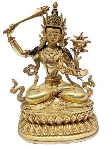 Nepali Statue Of Manjushree, Full Gold Plated 