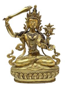 Nepali Statue Of Manjushree, Full Gold Plated 