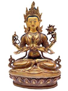 Nepali Statue Of Chenrezig, Partly Gold Plated, Painted Face 